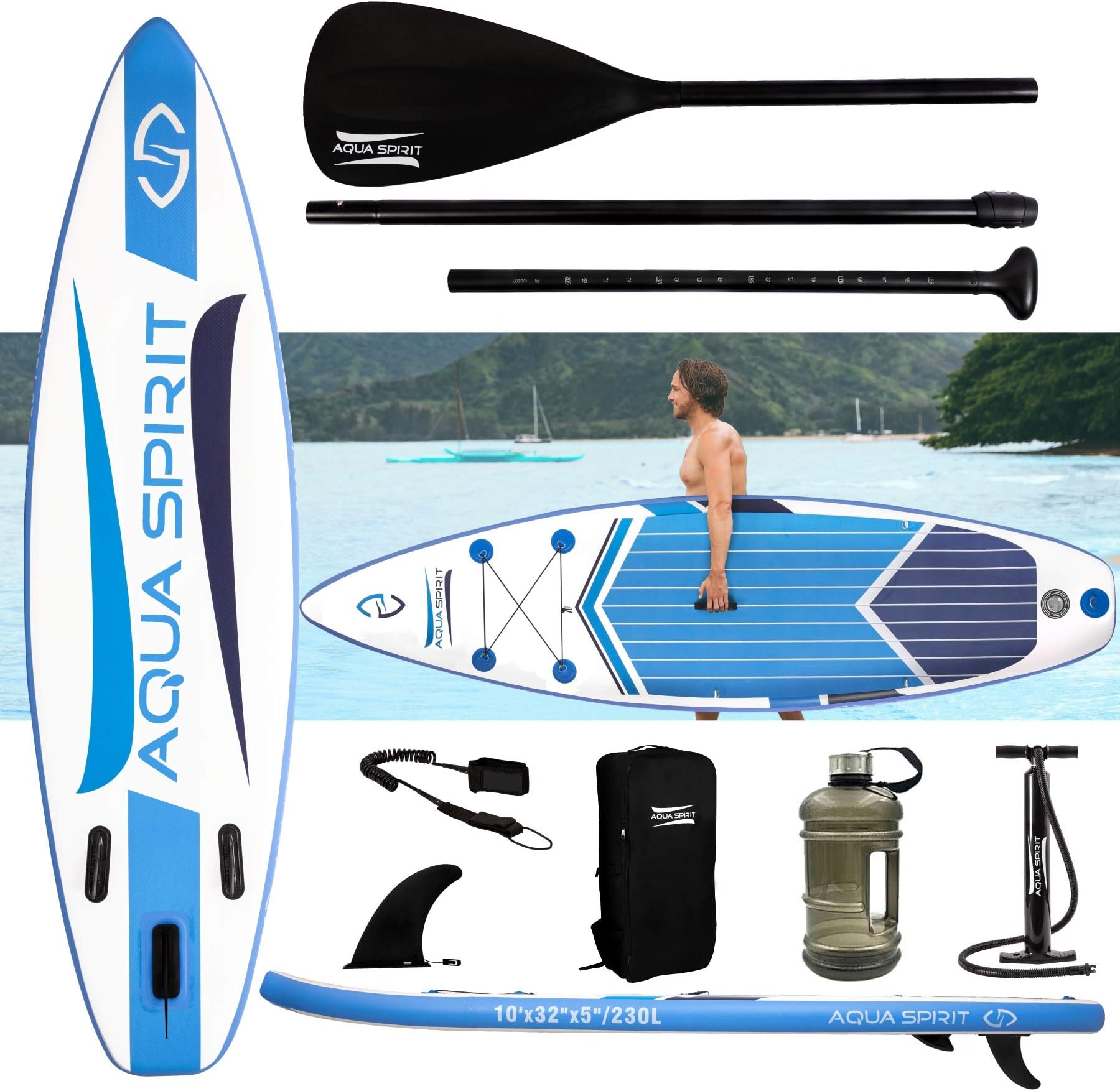 AQUA SPIRIT Premium 300x80x12.5cm iSUP Inflatable Stand up Paddle Board for Adult Beginners/Intermediate with Backpack, Leash, Paddle, Sports Bottle, Pump - Max load 115KG
