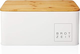 Lumaland Cuisine Brotkasten Brotdose Brotbox aus Metall mit Bambus Deckel, Brotbehälter rechteckig, 30,5 x 23,5 x 14 cm Weiss