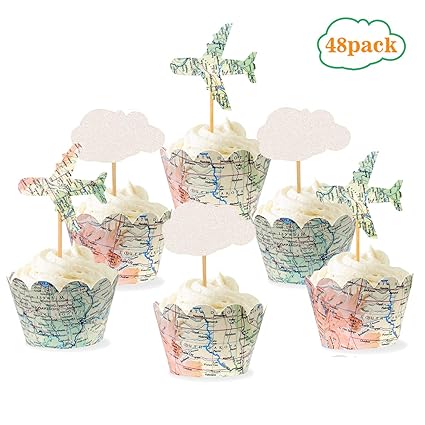 Vintage Airplane Cupcake Toppers And Map Wrappers Adventure