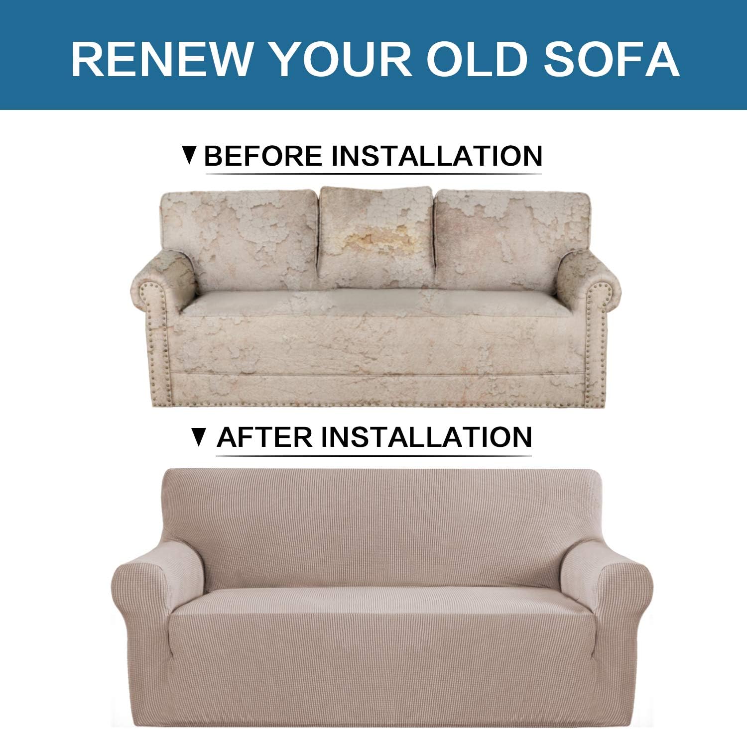 Stretch Couch Cover Loveseat Covers for 2 Cushion Couch Loveseat Slipcover|Sofa Cover for Loveseat 1 Piece with Elastic Bottom, Textured Checked Jacquard Fabric(Loveseat 58"-72" Wide, Sand): Home & Kitchen