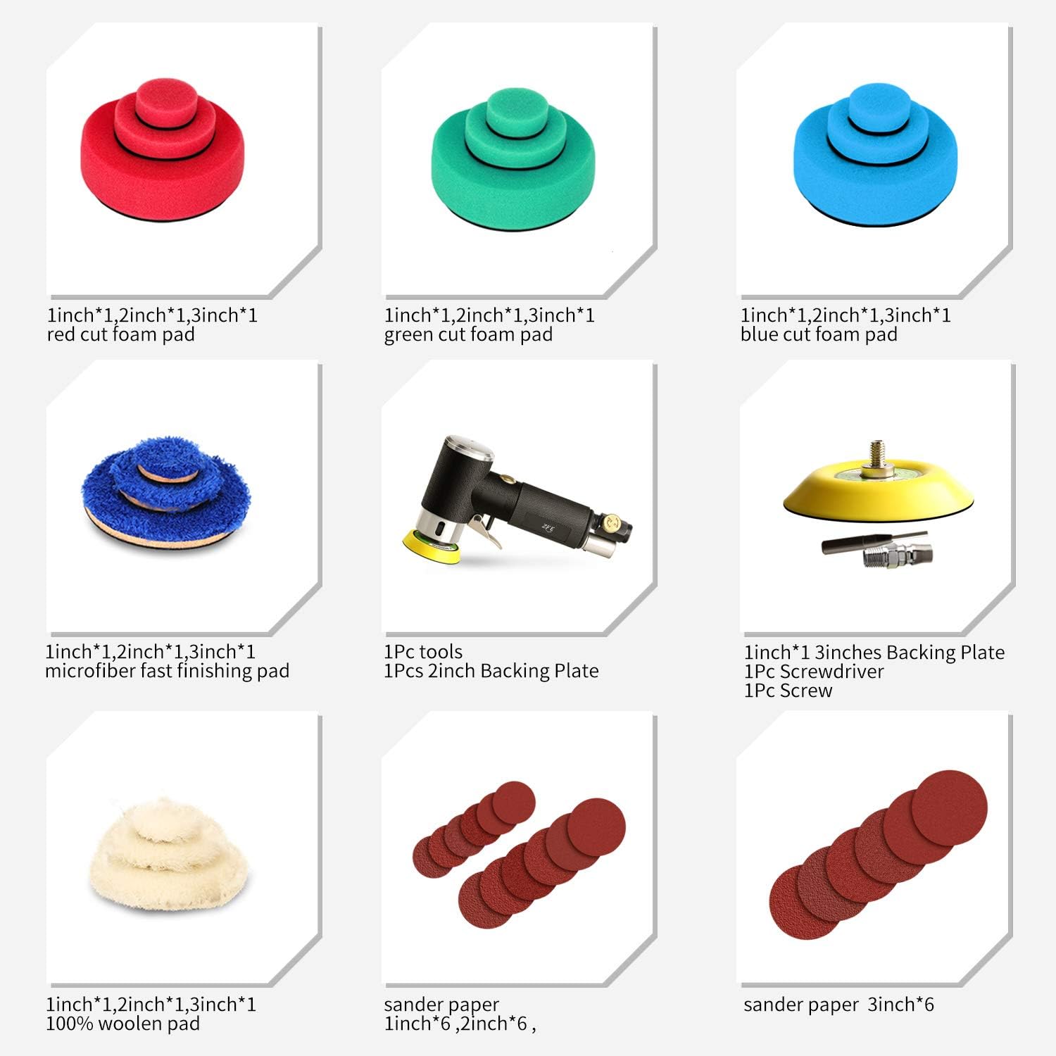 Mini Air Sander, ZFE 1/2/3 Inch Random Orbital Air Sander, Mini Pneumatic Sander for Auto Body Work, High Speed Air Powered Sanders & Polisher with 15 Polishing Pads Buffing Pads, 18 Sandpapers - - 