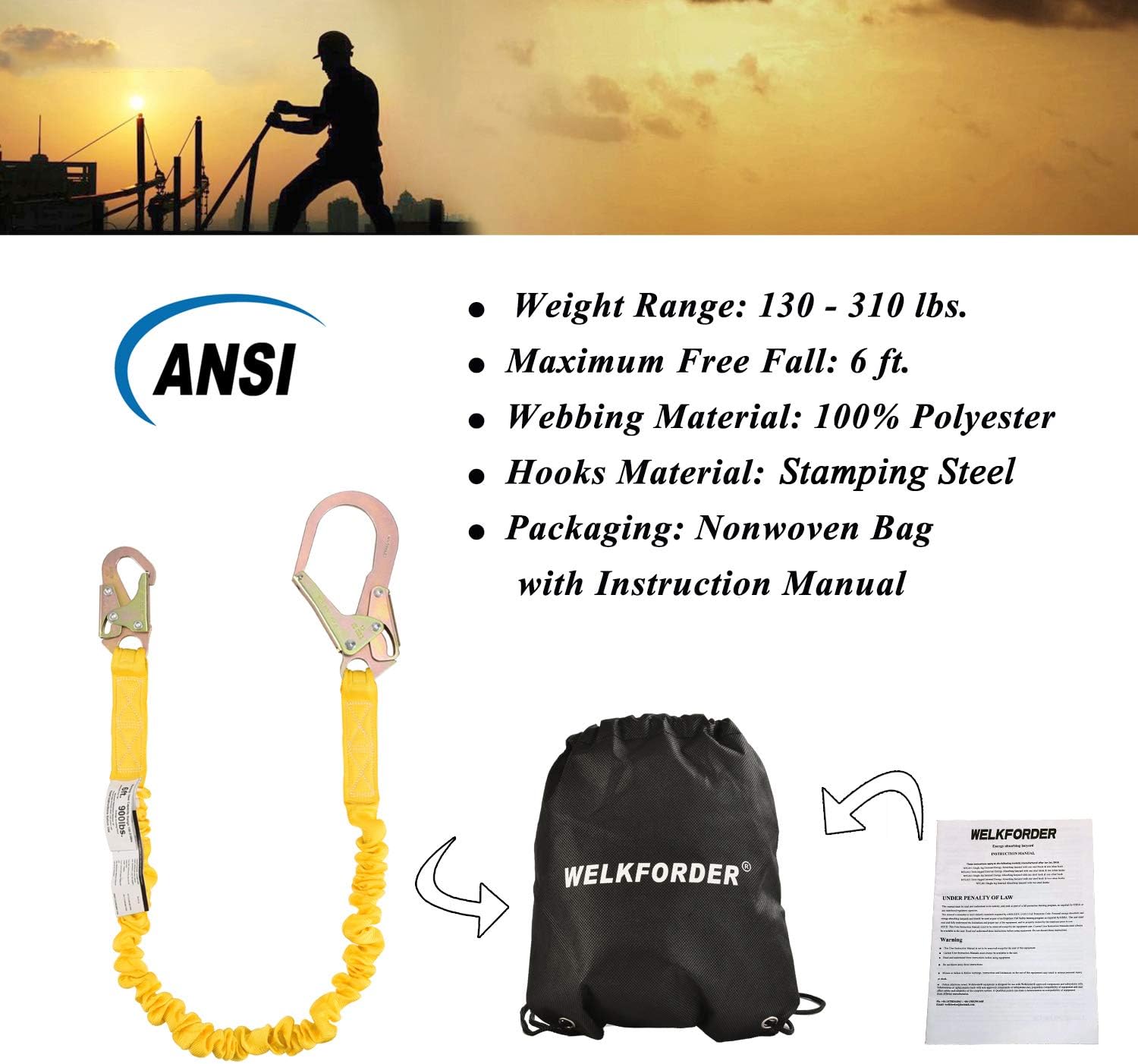 WELKFORDER Single Leg 6-Foot Fall Protection Internal Shock Absorbing Stretchable Safety Lanyard with Snap & Rebar Hook Connectors ANSI Compliant - - 
