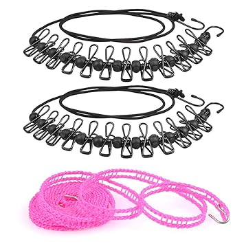 TIMESETL 3Stück Wäscheleine Reise Camping, Wäscheleine mit Klammern 180-360cm mit 12 beschichteten Klammern und Positionierun