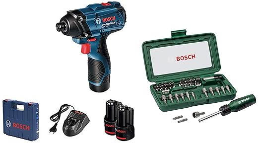 Bosch GDR 120 LI Cordless Impact Driver with Double Battery (Blue, 3-Piece) with Bosch 66041612 Screwdriver bits Set (Black and Silver, 46-Pieces)