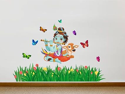 Rawpockets Decals Lord Krishna Flute Singing with Cow and Butterfly Grass Decorative Extra Large Size Wall Sticker (75 cm x 115 cm), Multicolour