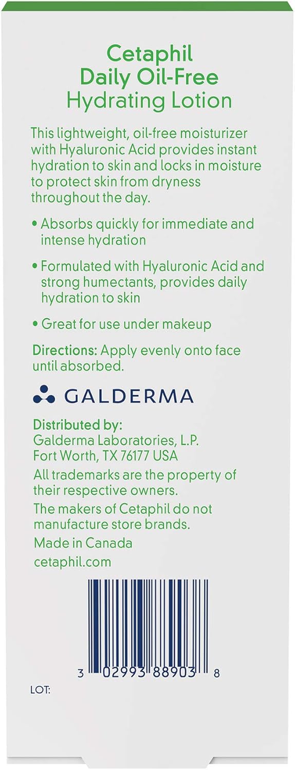 Cetaphil Daily Oil-Free Hydrating Lotion with Hyaluronic Acid, 3.0 Fluid Ounce : Beauty