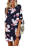 PRETTYGARDEN Women's Tie Sleeve Floral Print Swing Fit Crew Neck Casual Chiffon Plus Size Tunic T-Shirt Mini Dress