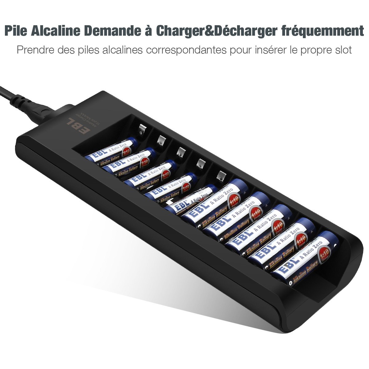 EBL Chargeur de Piles Alicalines AA/AAA Charge de Courant faible avec 10 Slots Indépendant