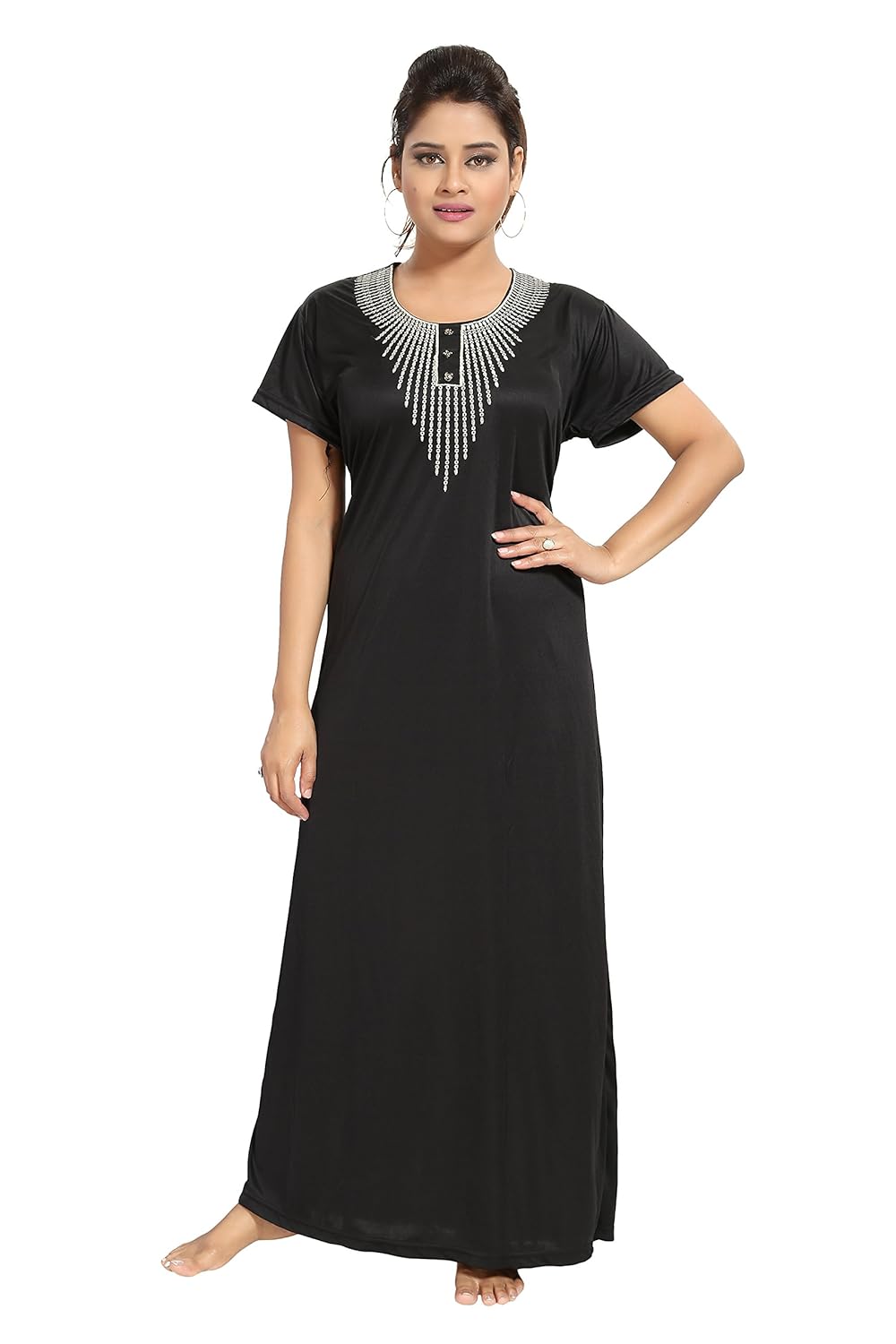 tucute girls / women's night gown / nightwear / nighty / nightdress solid plain color with v pattern embroidery work.xl-42" & xxl-46"