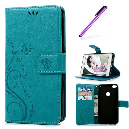 EMAXELERS Huawei P8 Lite 2017 Hülle Elegant Schmetterling Blumen PU Leder Ledercase Flip Tasche Wallet Schutzhülle Etui Tasch