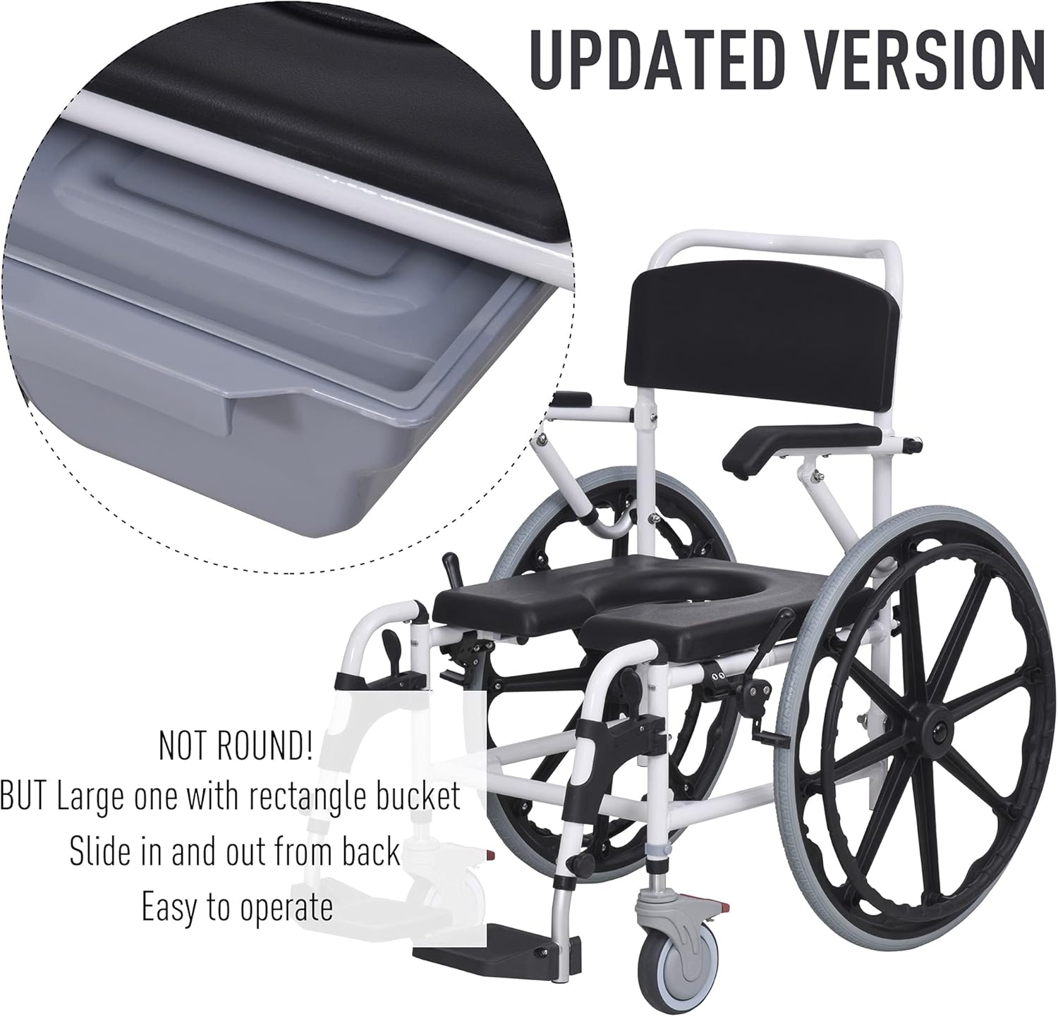 HomCom Rolling Shower Wheelchair Bath Toilet Commode Bariatric with 24" Wheels, Detachable Bucket & Shower-Proof Design, Black: Health & Personal Care