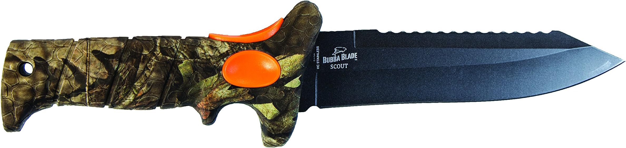 Bubba 6 Inch Scout Knife with Mossy Oak Break-Up Country Camo, Full Tang High-Carbon Stainless Steel Non-Stick Blade, Lanyard Hole and Synthetic Sheath for Hunting, Camping and Fishing