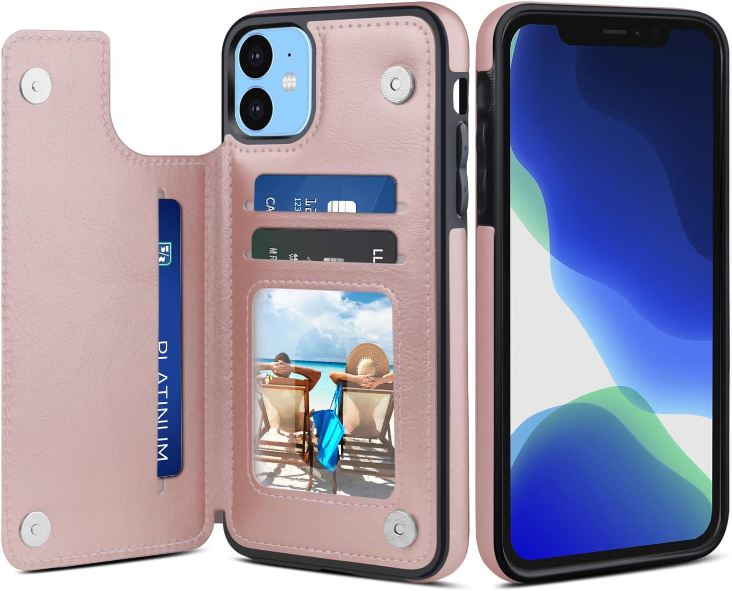 Venoro iPhone 11 Case, Credit Card Slot Holder PU Leather Card Pockets Shockproof Flip Wallet Phone Protective Cover Case for Apple iPhone 11 6.1inch (Rose Gold)