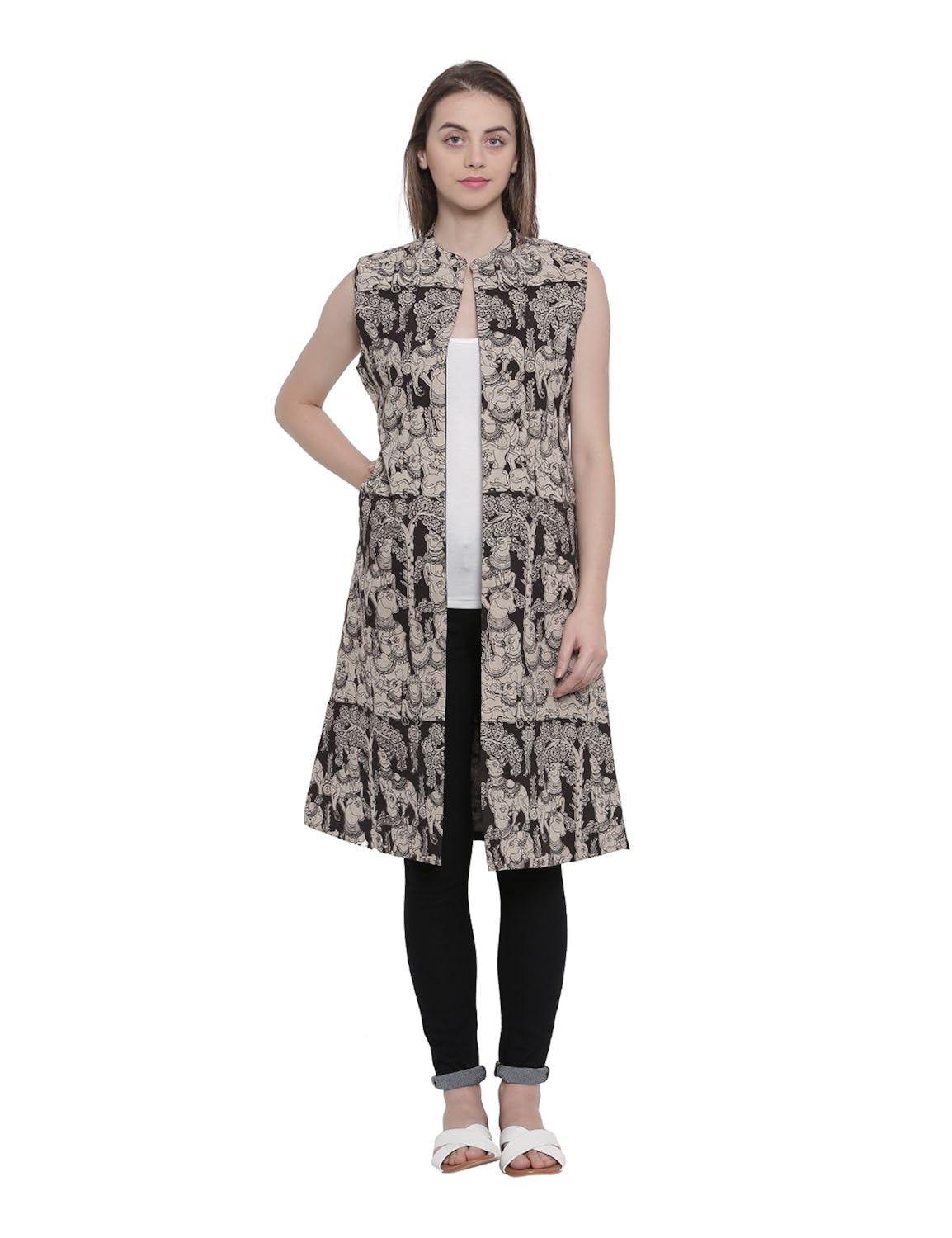 soochirang women's kalamkari sleeveless pure cotton long waist coat