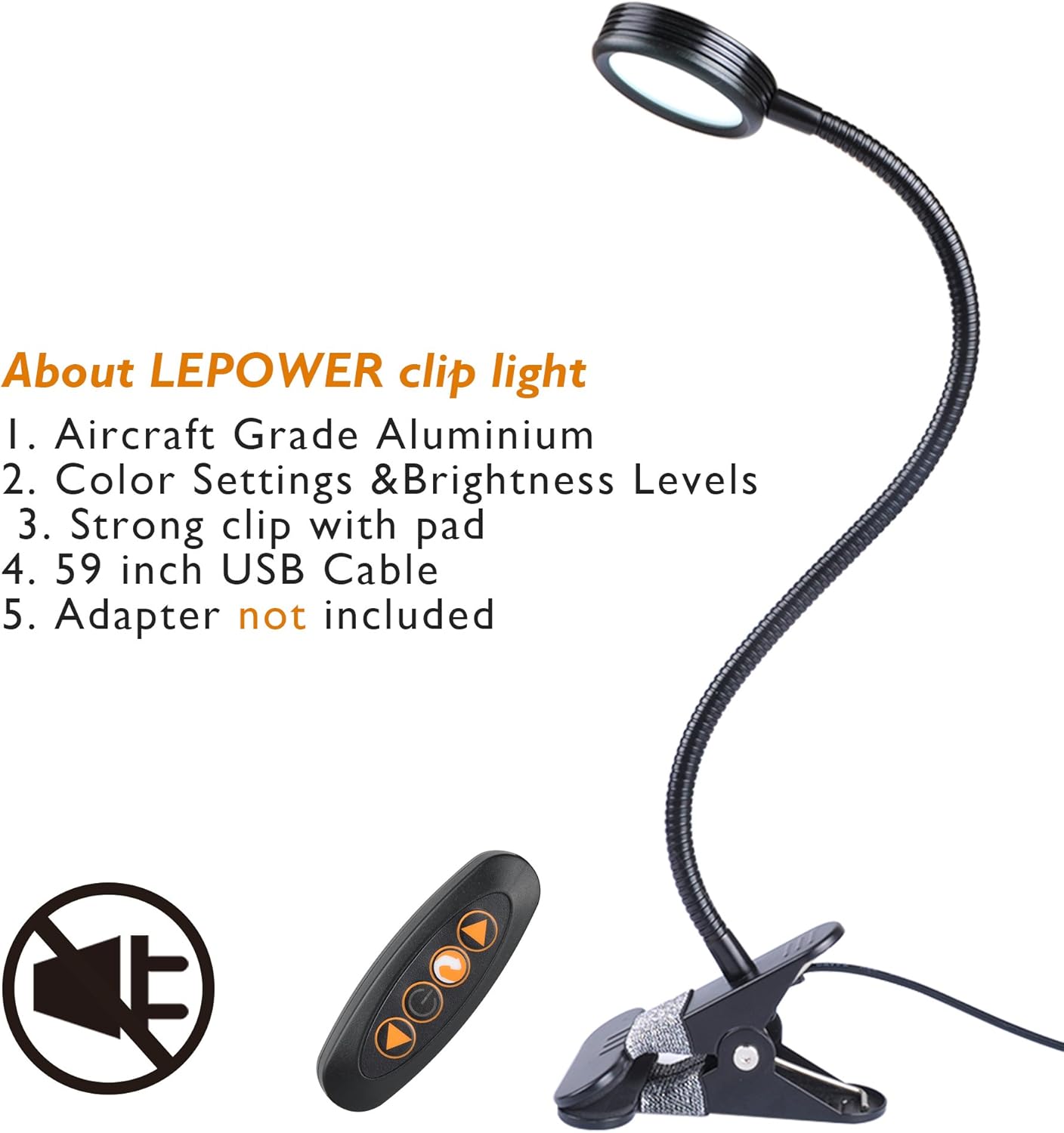 LEPOWER New Version Metal Clip On Light, Flexible Bed Light with 3 Colors x Stepless Adjustable Brightness, Eye Caring Reading Light for Desk, Bed Headboard and Computers(Black)-No AC Adapter - - 