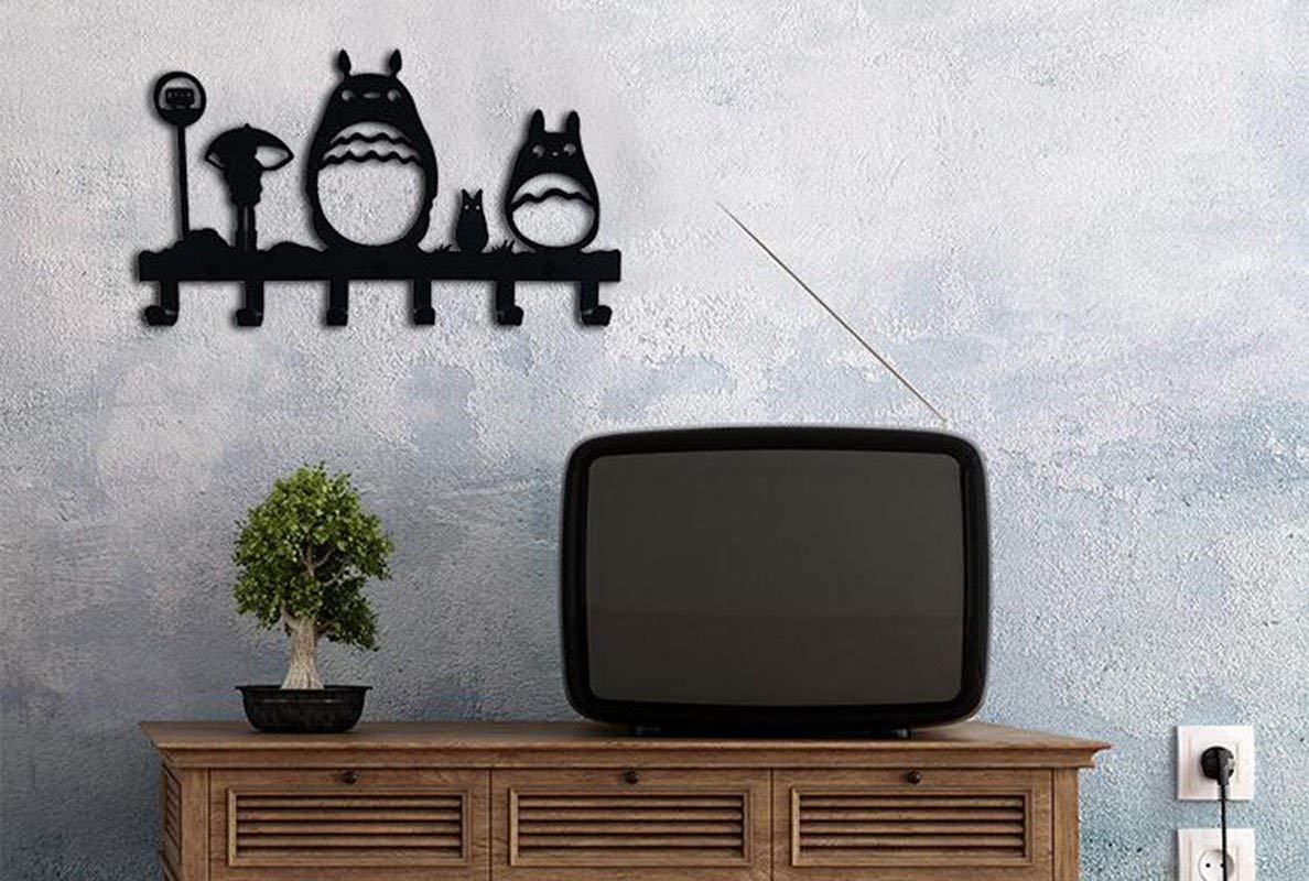 CoolPlus Coat Hooks Wall Mounted Entryway Dog Leash and Key Holder Belt and Hat Organizer Totoro Pattern Sweet Black