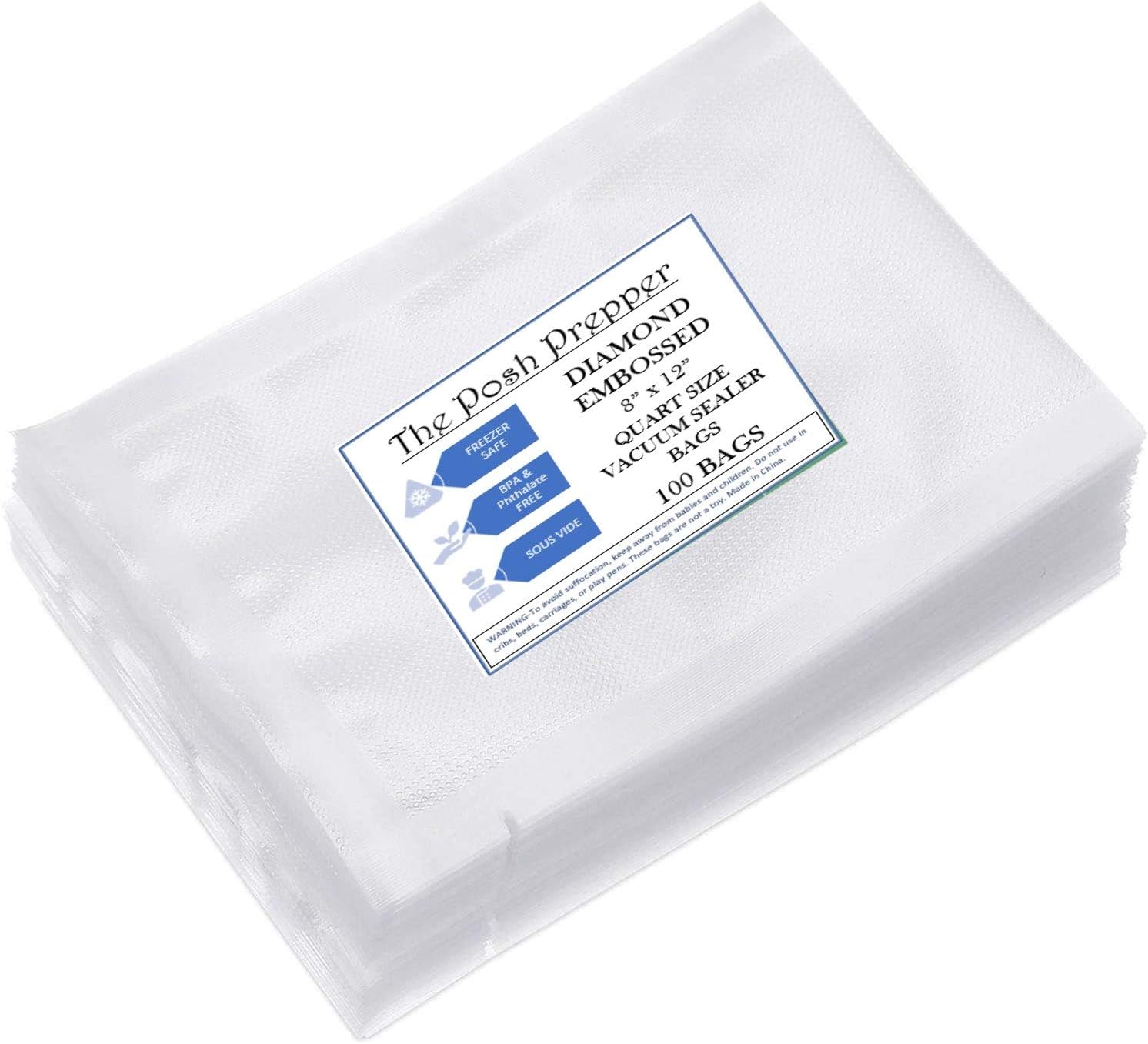 Posh Prepper Food Vacuum Sealer Bags Heavy Duty 100 Quart size 8x12 Inch for Food Saver, Seal a Meal, Weston. Diamond embossed. BPA Free, Phthalate Free, Great for vac storage, Meal Prep or Sous Vide