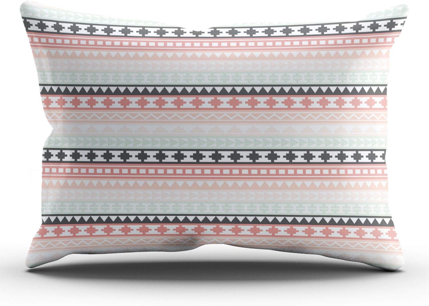 WEINIYA Bedroom Custom Decor Teal Pink and Gray Tribal Aztec Pattern Throw Pillow Cover Cushion Case Fashion One Sided Printed Design Lumbar 12x24 Inches