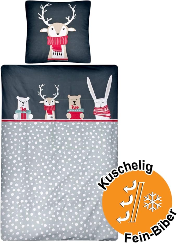Aminata Kids Premium BiberBettwäscheSet ElchMotiv Weihnachten