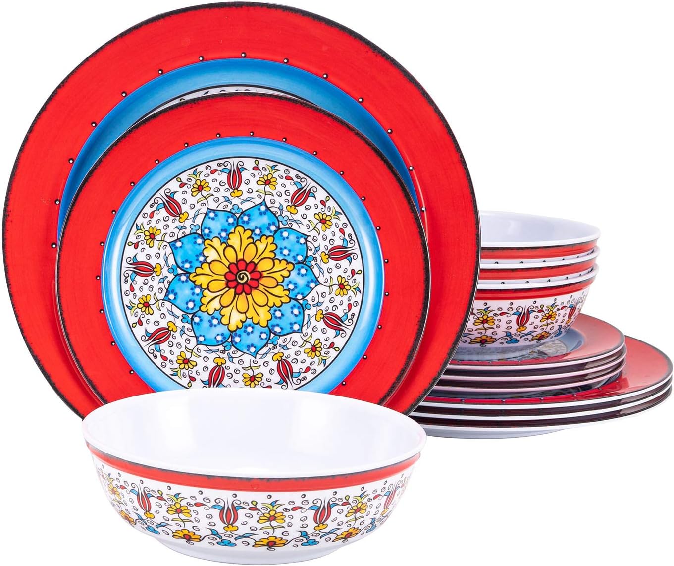 Melamine Dinnerware Set 12 Pcs Floral Red Plate Bowl Set