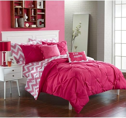 Amazon Com 9pc Hot Pink White Pinch Pleated Comforter Set Full