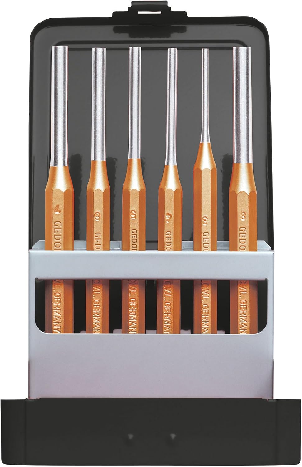 GEDORE Red Pin Punch Set Including Metal Folding Cassette, 6 Pieces, 3-8 mm, Steel/Varnish, Silver/Copper