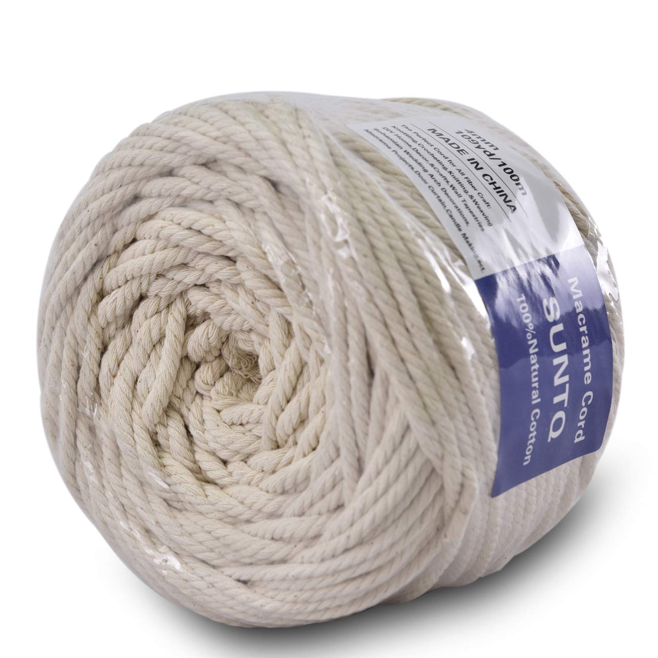 (4mm x 100m(about 109 yd)) Handmade Decorations Natural Cotton Bohemia Macrame DIY Wall Hanging Plant Hanger Craft Making Knitting Cord Rope Natural Color Beige