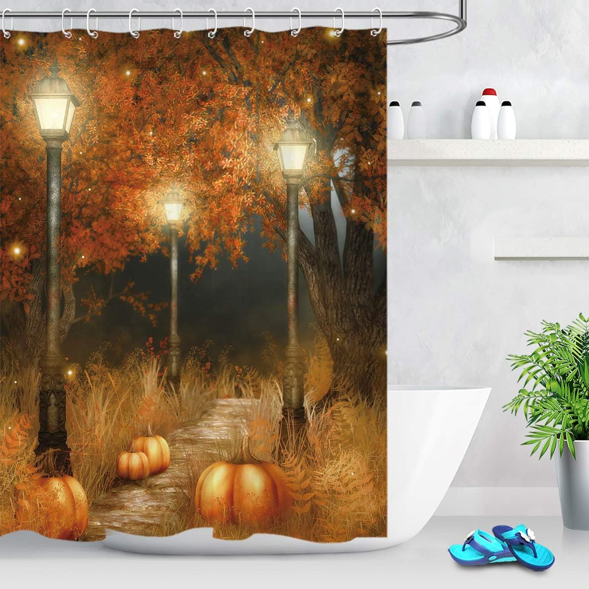 LB Fall Shower Curtain,Warm Night Scenery with Sycamore