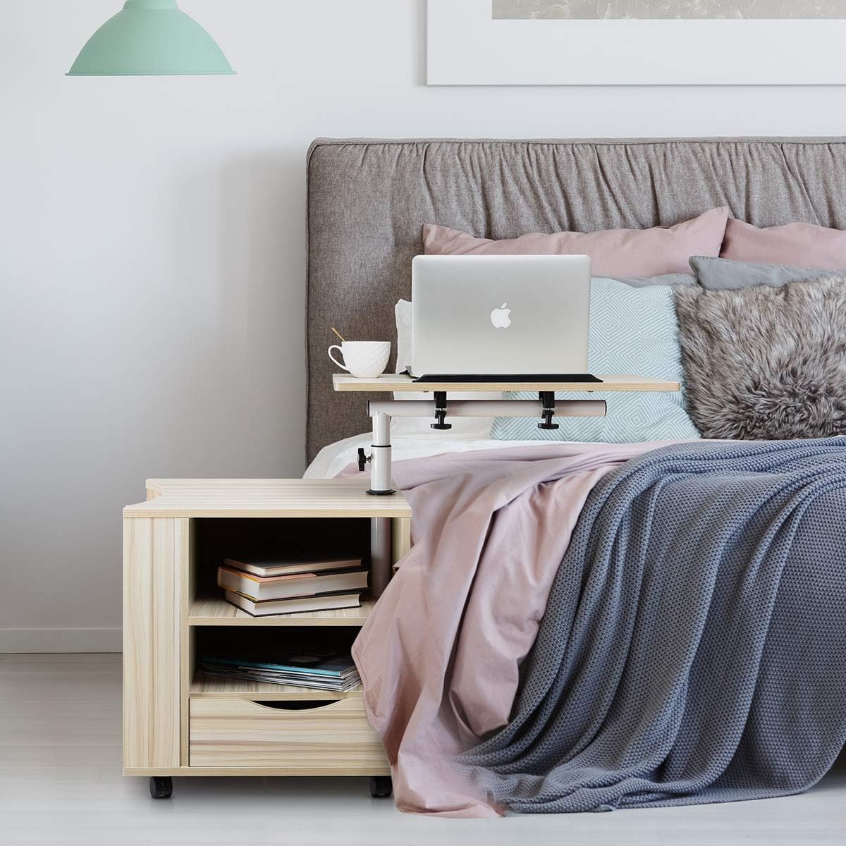 SIDUCAL Multifunctional Bedside Table Height Adjustable & Swiel Wooden Nightstand with Drawers, Rolling Laptop Desk Computer Table, Beige (Right Side): Furniture & Decor