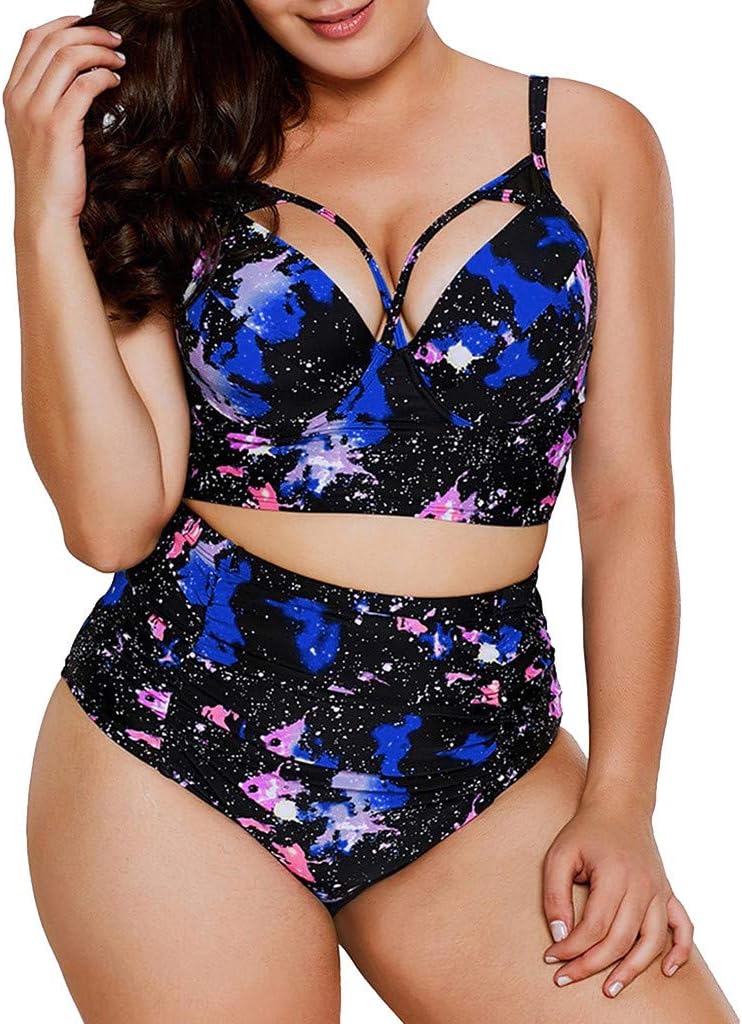 Elogoog Women Swimwear Tankini Printed Plus Size Tummy Control Ruched Bottom High Waist Beachwear