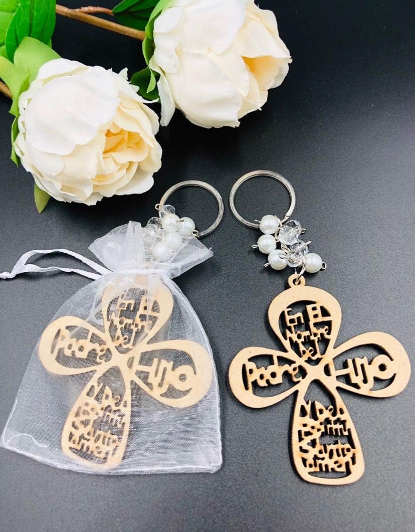 12Pcs Baptism New Cross Wood Design Keychain Comfirmation/Baptism/Comunion Favors for Boy or Girl Recuerdos de Bautizo With Organza Bags