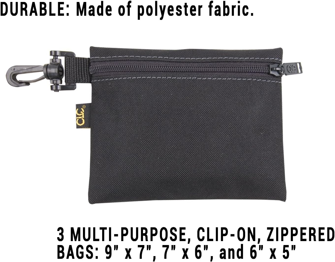 CLC Custom Leathercraft 1100 Multi-Purpose Clip-on Zippered Poly Bags, 3 Pack - Tool Bags - 