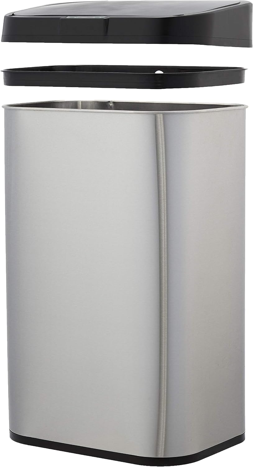 Amazon Basics Rectangular Stainless Steel 60L Dustbin with Hands-Free Motion Sensor, Black, Silver, 60-Liter - Image 3