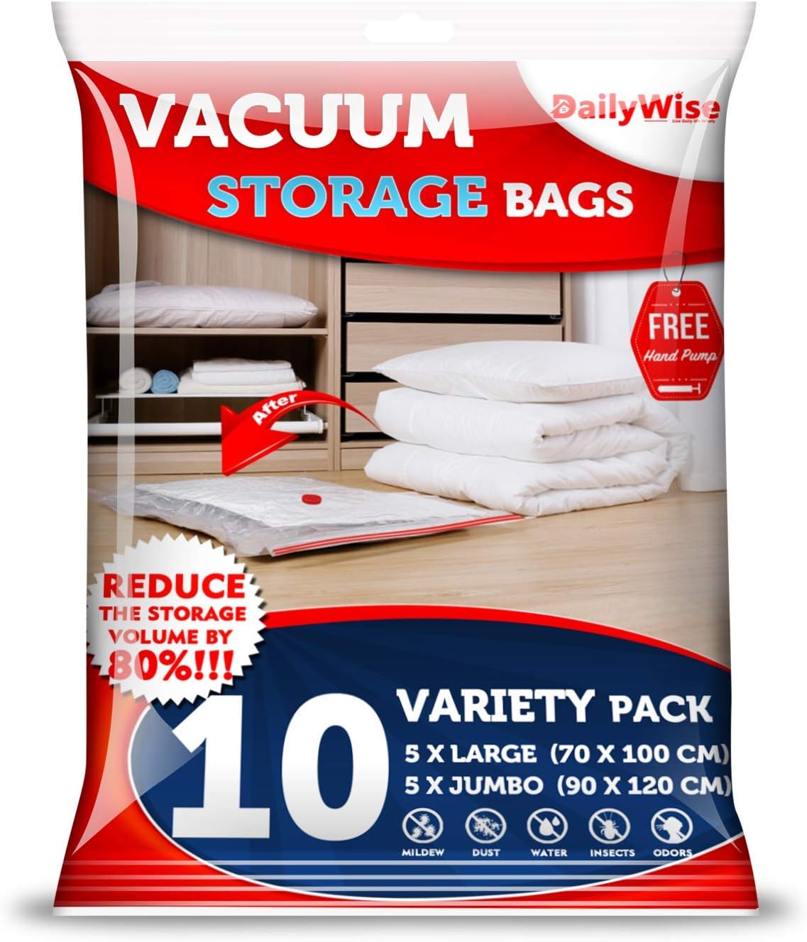 DailyWise Extra Large Vacuum Storage Bags , Space Saver Bags for Comforters, Blankets, Pillows and Clothes, Variety 10 Pack (5 x Jumbo 5 x Large)