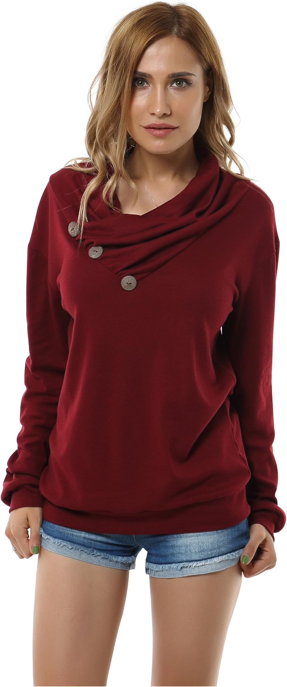 Aifer Women’s Long Sleeve Cowl Neck Button Form Fitting Casual Tunic Top Blouse