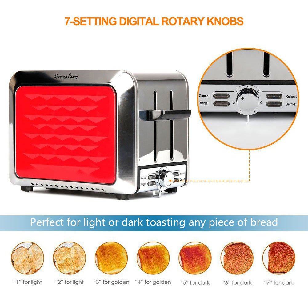 Fortune Candy Toaster,Red 2-Slice Toaster,Stainless Steel Toaster with Extra Wide Slots,Removable Crumb Tray,High Lift Lever,Bagel Defrost Reheat Cancel Function,7 Toast Shade Settings