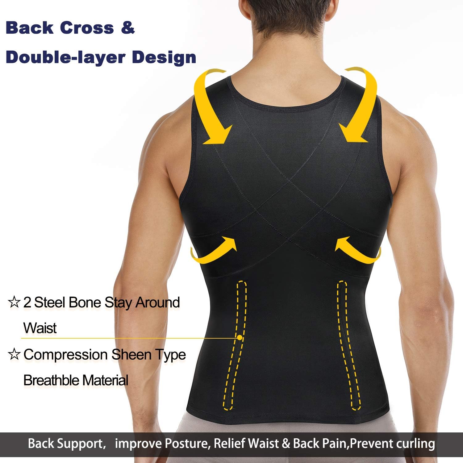 Irisnaya Mens Compression Shirt Slimming Body Shaper Vest Waist Trainer Workout Tank Tops Back Support Undershirts: Clothing