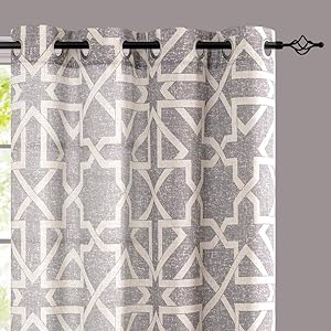 jinchan Linen Curtains Textured Flax Drapes Living Room Window Treatment Geometry Print Grommet Drapery for Bedroom Dining Room Light Filtering Curtain 63 inches Length 2 Panels Gray on Beige