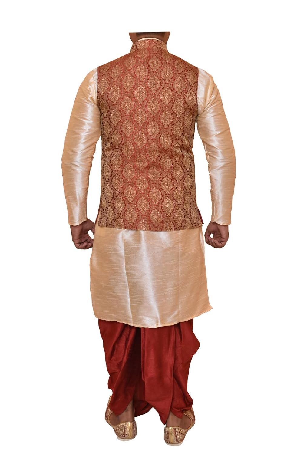 modern garments men's golden kurta maroon dhoti & designer jacket waistcoat