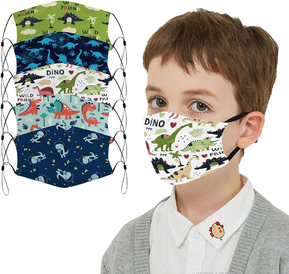 5 Pcs Big Kids Bandana with Cute Pattern Reusable Cloth Kids Face Bandanas Covering Set for Teens Boys Girls Ages 8-17 (Dinosaur): Clothing