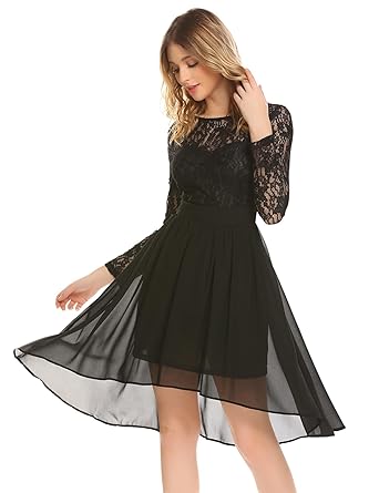 Meaneor Damen Herbst Chiffonkleid Langarm Spitzenkleid A Linie Kleid Asymmetrischer Saum Abendkleid Cocktailkleid Winter