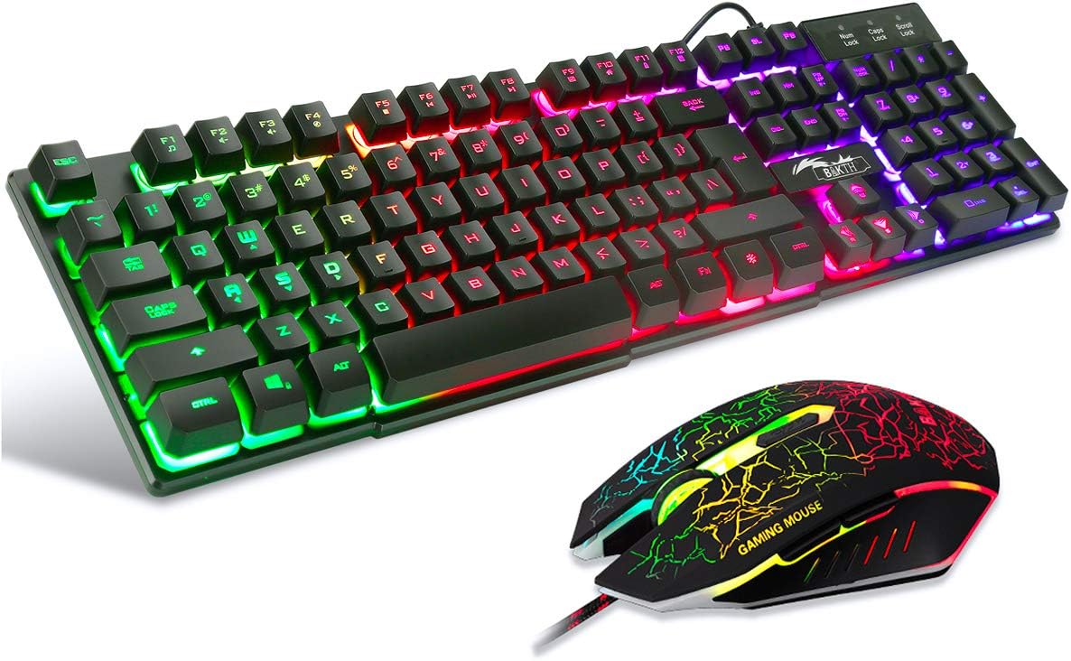 Tastiera E Mouse Da Gioco, Layout Italiano QWERTY Gaming Tastiera A Blocchi Di Colore Retroilluminato A LED Colore Arcobaleno, Mouse 6 Tasti 2400 DPI E Tappetino Per Mouse, Copritasti Nero+Bianco