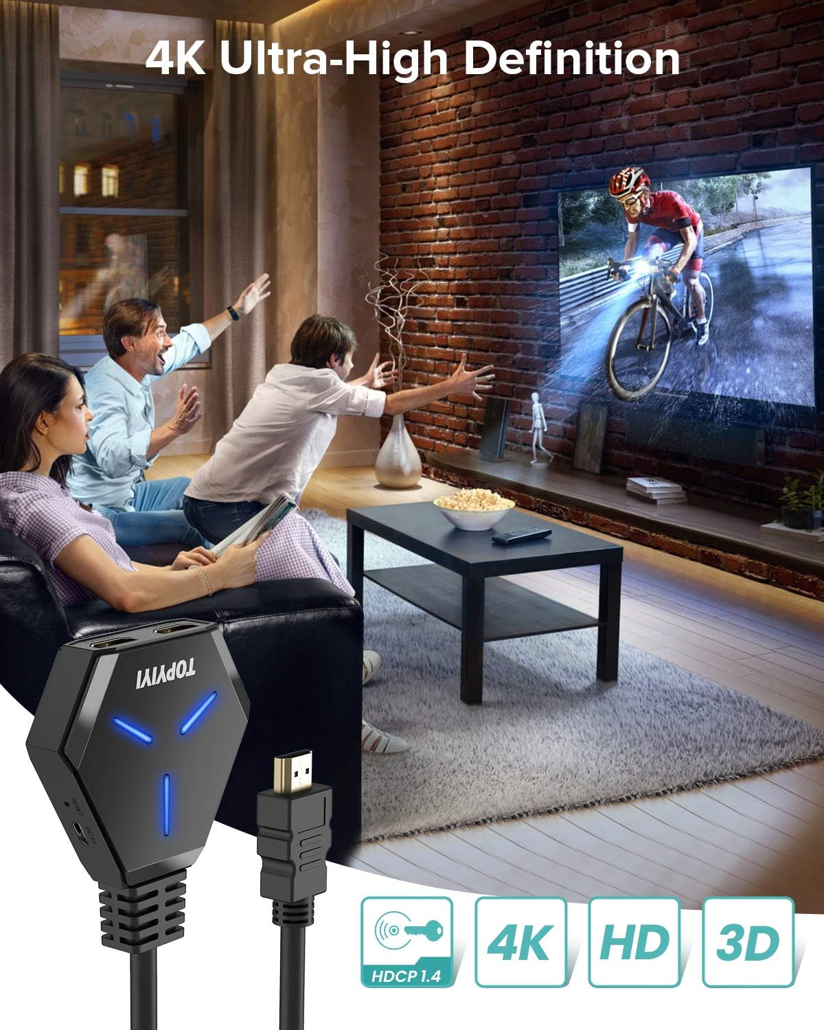 HDMI Splitter 1 in 2 Out, TOPYIYI 4K HDMI Splitter for Dual Monitors with Built-in High Speed Cable, HDCP1.4 Bypass, Supports 4K@30Hz 3D 1080P for Xbox PS4 PS3 Blu-Ray Player Fire Stick Cable Box: Home Audio & Theater