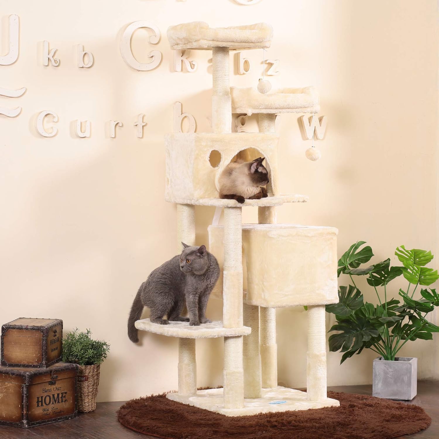 Hey-brother 60 inches Multi-Level Cat Tree Condo Furniture with Sisal-Covered Scratching Posts, 2 Plush Condos, 2 Plush Perches, for Kittens, Cats and Pets, Beige MPJ012M : Pet Supplies