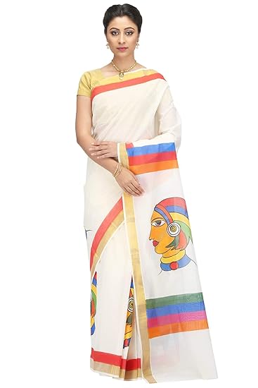 Hand Painted & Handloom White Pure Kerala Cotton Sari (2281)