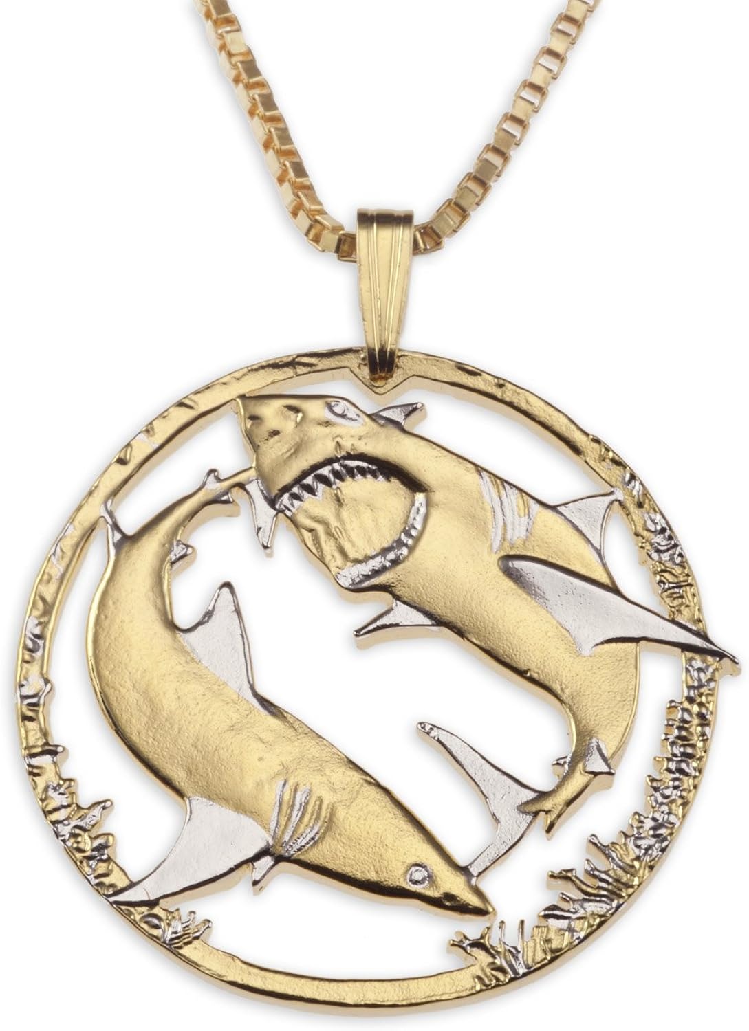 Great White Sharks Pendant Necklace, Hand Cut Australian Coin