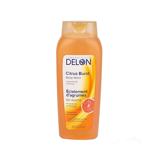 DELON-Made in Canada Sulphate and Paraben-Free Citrus Burst Invigorating and Refreshing Body Wash Shower Gel with Multi Fruit Extract for Deep Cleansing for Men and Women with Loofah, 532 ml