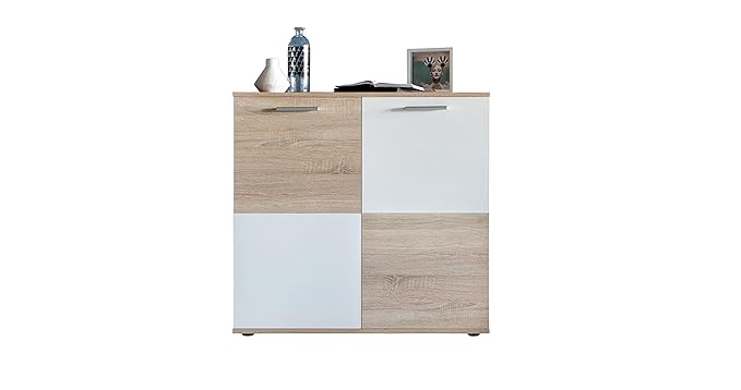 trendteam Kommode Schrank Wohnzimmerschrank Sideboard Compare, 92 x 91 x 36 cm in Eiche Sägerau Hell Dekor, Absetzungen Weiß 