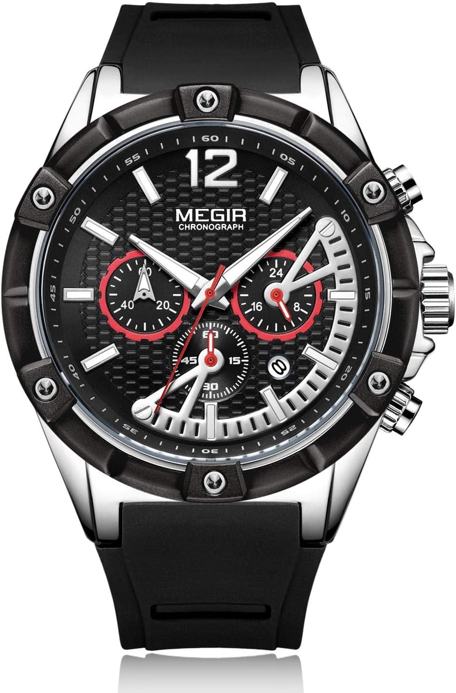 MEGIRMen's Sports Chronograph Quartz Watches Army Silicone Waterproof Stop Watch Wristwatches