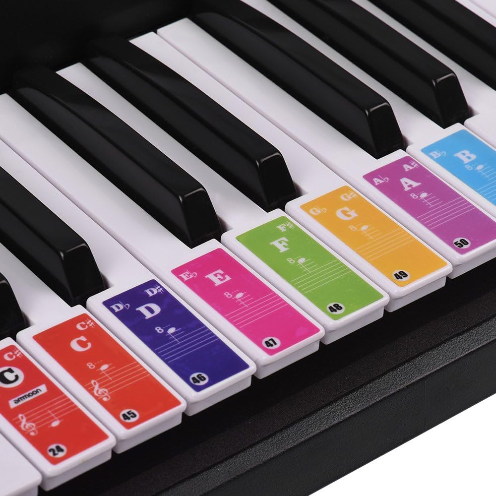 ammoon Piano Stickers for 37/49/ 61/88 Key Keyboards Colorful Bigger Letter Removable for Kids Beginners - Colorful